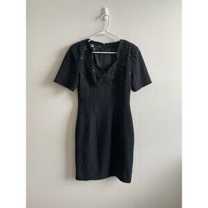 Morgan Taylor Evening Size 4 Black Beaded Dress Knee Length Short Sleeve